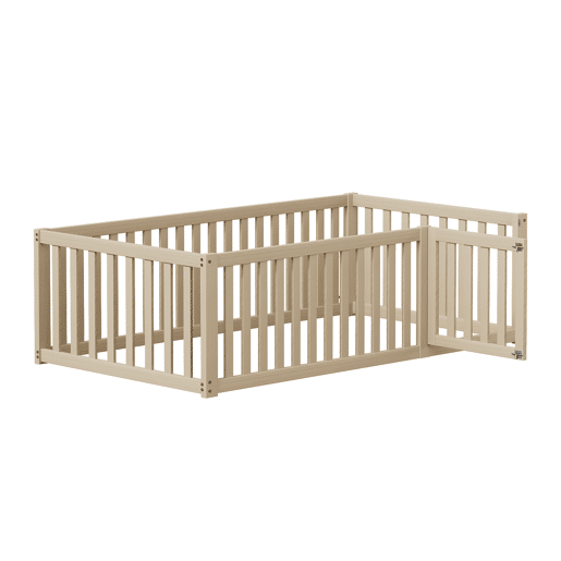 Cama de criança em madeira maciça 90x200cm com barreira de segurança - Natural