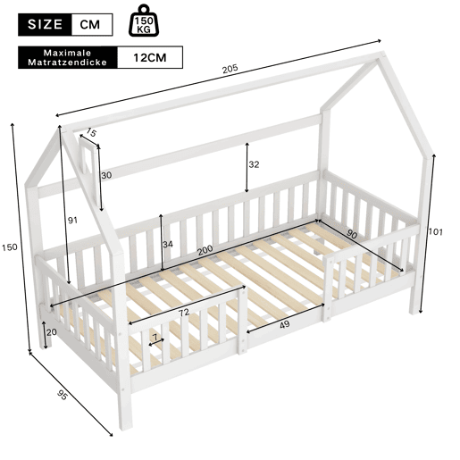 Cama de casa de campo em madeira - 90x200 cm - com base de ripas - Branco