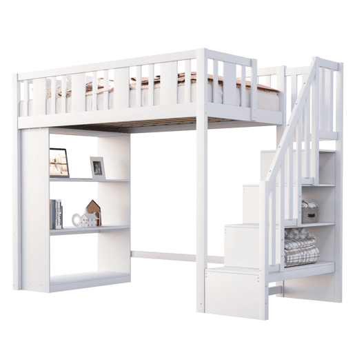 Cama alta 90x200 cm - Cama infantil com escada de arrumação, cama multifuncional com grandes compartimentos, cama juvenil em madeira - Branco