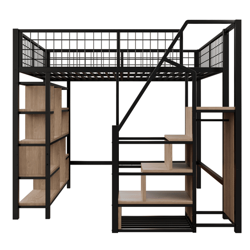 Cama alta multifuncional 140x200 cm - com arrumação, prateleiras e escada - cor preta