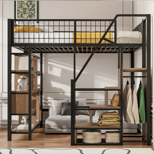 Cama alta multifuncional 140x200 cm - com arrumação, prateleiras e escada - cor preta