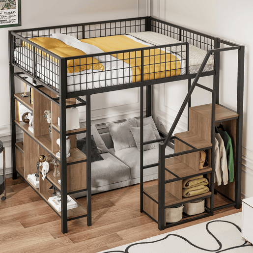Cama alta multifuncional 140x200 cm - com arrumação, prateleiras e escada - cor preta