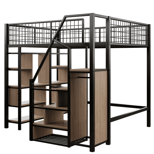 Cama alta multifuncional 140x200 cm - com arrumação, prateleiras e escada - cor preta