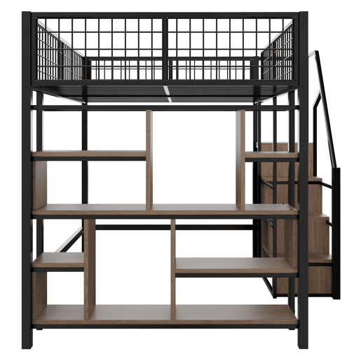 Cama alta multifuncional 140x200 cm - com arrumação, prateleiras e escada - cor preta