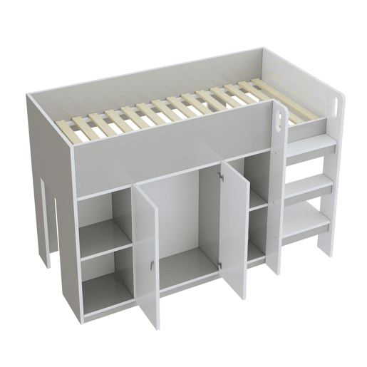 Cama alta multifuncional 90x200 - Com arrumação, armário e prateleiras, cama infantil com escada e construção estável - Cinza