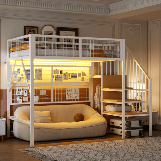 Cama alta metálica 90x200 - Com escada, arrumação, armário aberto, luzes LED controladas por aplicação - Branco e preto