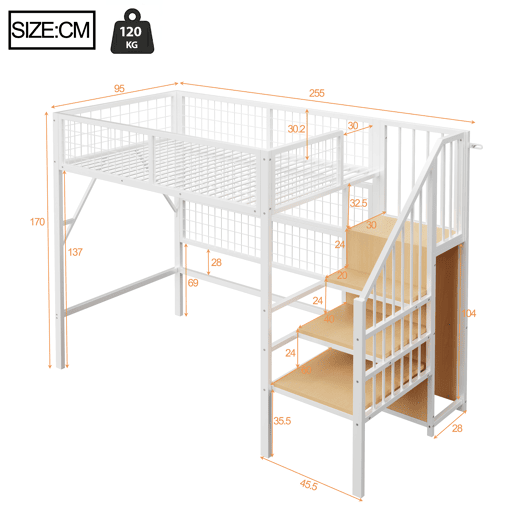 Cama alta metálica 90x200 - Com escada, arrumação, armário aberto, luzes LED controladas por aplicação - Branco e preto
