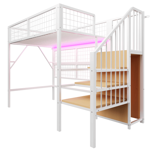 Cama alta metálica 90x200 - Com escada, arrumação, armário aberto, luzes LED controladas por aplicação - Branco e preto