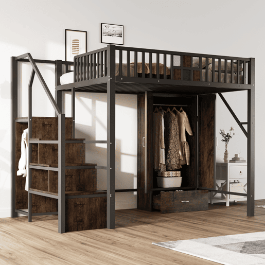 Cama alta metálica 140x200 - Design com grade, armário, gavetas e escada de arrumação - Preto Cama alta metálica 140x200 - Design com grade, armário, gavetas e escada de arrumação - Preto
