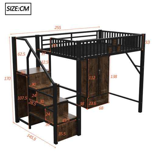 Cama alta metálica 140x200 - Design com grade, armário, gavetas e escada de arrumação - Preto Cama alta metálica 140x200 - Design com grade, armário, gavetas e escada de arrumação - Preto