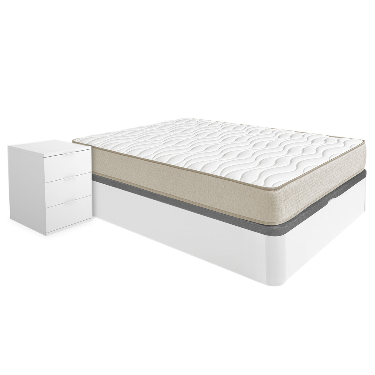 Pack ahorro matrimonio canapé round con colchón viscoelástico nova plus 150 x 190 cm y 2 mesitas de noche rio