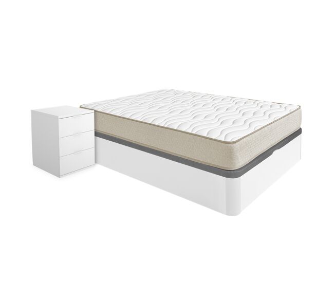 Pack ahorro matrimonio canapé round con colchón viscoelástico nova plus 150 x 190 cm y 2 mesitas de noche rio