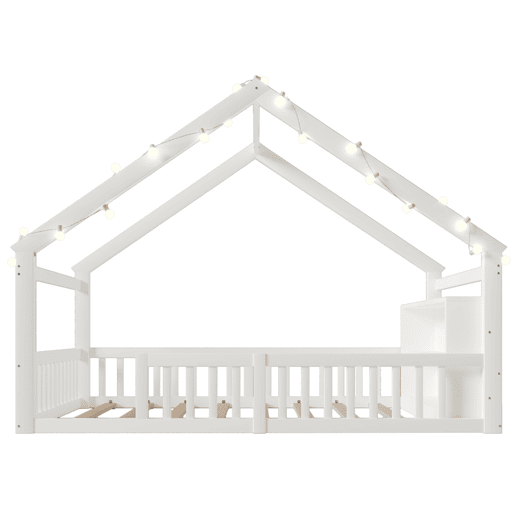 Cama baixa 140x190 cm - Berço com grades, estilo minimalista, madeira de pinho, branco