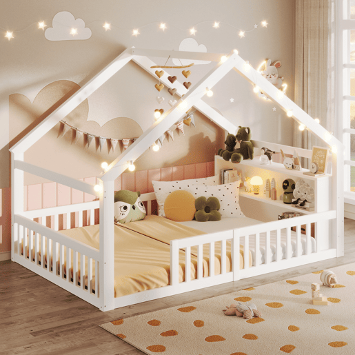 Cama baixa 140x190 cm - Berço com grades, estilo minimalista, madeira de pinho, branco