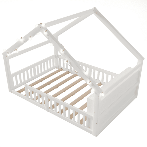 Cama baixa 140x190 cm - Berço com grades, estilo minimalista, madeira de pinho, branco