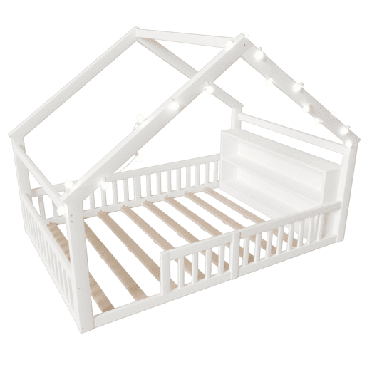 Cama baixa 140x190 cm - Berço com grades, estilo minimalista, madeira de pinho, branco