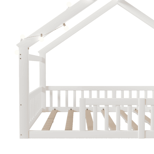 Cama baixa 140x190 cm - Berço com grades, estilo minimalista, madeira de pinho, branco