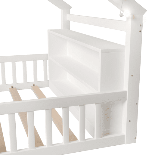 Cama baixa 140x190 cm - Berço com grades, estilo minimalista, madeira de pinho, branco