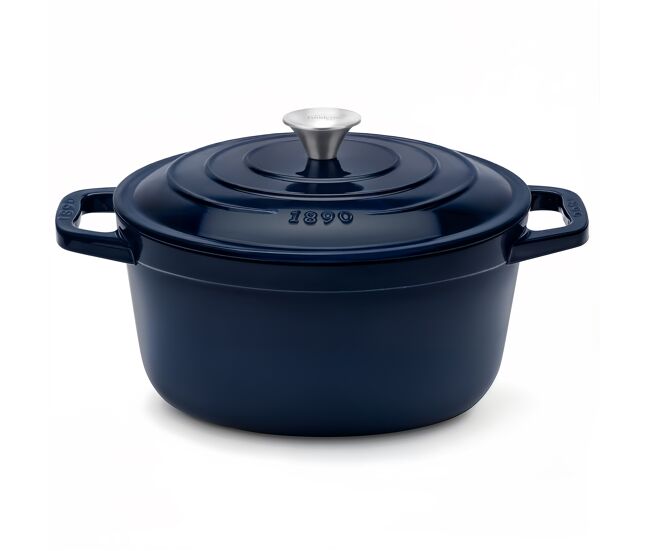 La fonderie 1890 alma25, cacerola de hierro fundido, 25cm, 4,7l, azul marino, compatible con todos los fuegos, inducción, gas, parrilla y horno.