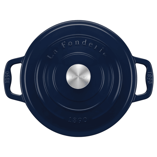 La Fonderie 1890, ALMA25, Caçarola em ferro fundido, 25 cm, 4,7L, azul, compatível com todas as fontes de calor, indução, gás, grelhador e forno.