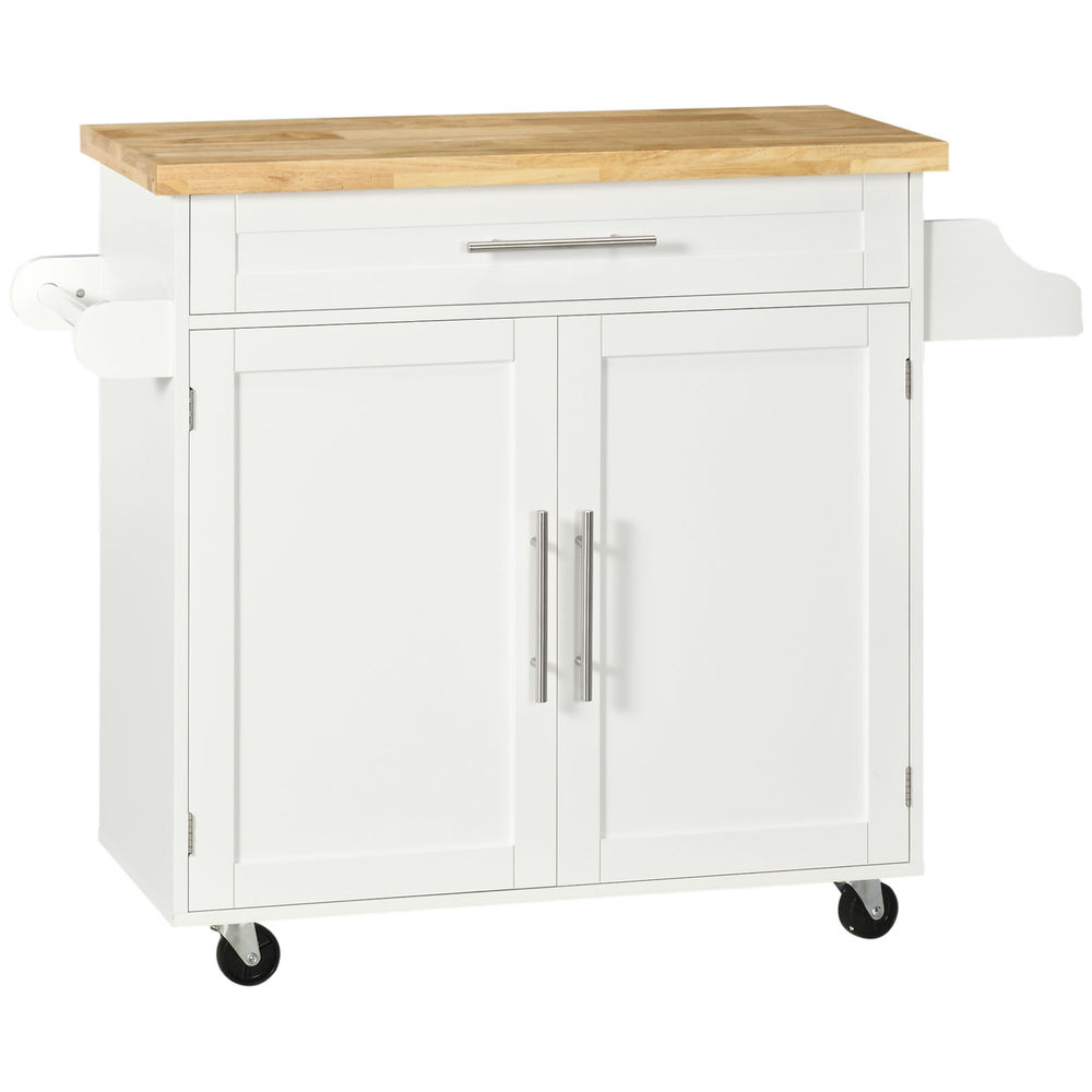 Homcom isla de cocina con ruedas, carro de cocina con cajón, 2 puertas, especiero, barra para paños y estante ajustable, para comedor, 109x40x89 cm, blanco