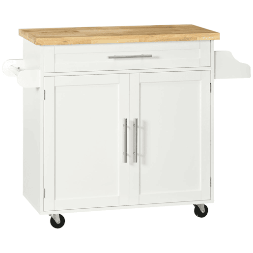 HOMCOM Carrinho de Cozinha com Armário Portas e Prateleira Interior Ajustável Gaveta Barra e Suporte para Temperos Móvel Aparador Auxiliar com Rodas para Sala de Jantar 109x40x89 cm Branco