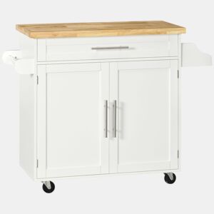 HOMCOM Carrinho de Cozinha com Armário Portas e Prateleira Interior Ajustável Gaveta Barra e Suporte para Temperos Móvel Aparador Auxiliar com Rodas para Sala de Jantar 109x40x89 cm Branco