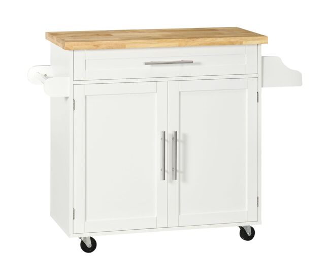 Homcom isla de cocina con ruedas, carro de cocina con cajón, 2 puertas, especiero, barra para paños y estante ajustable, para comedor, 109x40x89 cm, blanco