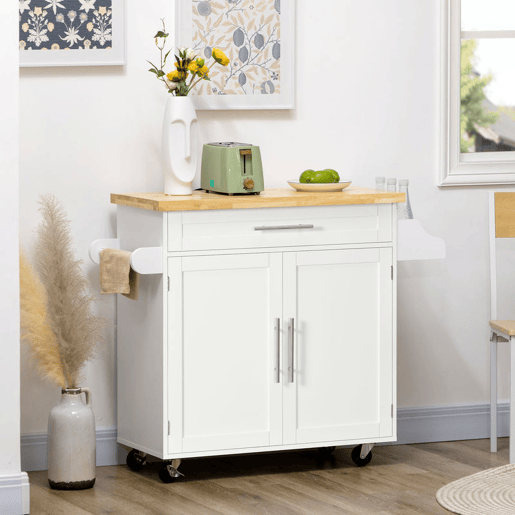 HOMCOM Carrinho de Cozinha com Armário Portas e Prateleira Interior Ajustável Gaveta Barra e Suporte para Temperos Móvel Aparador Auxiliar com Rodas para Sala de Jantar 109x40x89 cm Branco