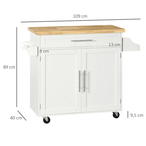 HOMCOM Carrinho de Cozinha com Armário Portas e Prateleira Interior Ajustável Gaveta Barra e Suporte para Temperos Móvel Aparador Auxiliar com Rodas para Sala de Jantar 109x40x89 cm Branco