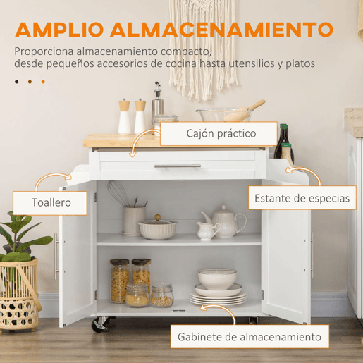 HOMCOM Carrinho de Cozinha com Armário Portas e Prateleira Interior Ajustável Gaveta Barra e Suporte para Temperos Móvel Aparador Auxiliar com Rodas para Sala de Jantar 109x40x89 cm Branco