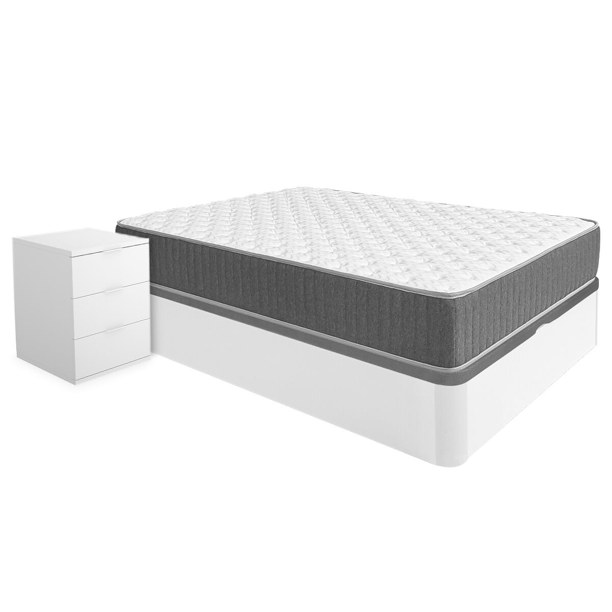 Pack ahorro matrimonio canapé round con colchón viscoelástico y muelles aurea 135 x 190 cm y 2 mesitas de noche rio