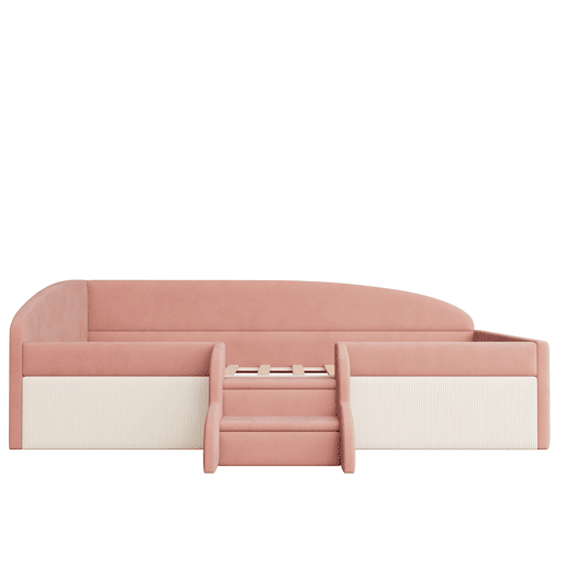 Cama multifuncional 90x190 cm - Com degraus e barreiras - Veludo macio - Rosa + Branco creme