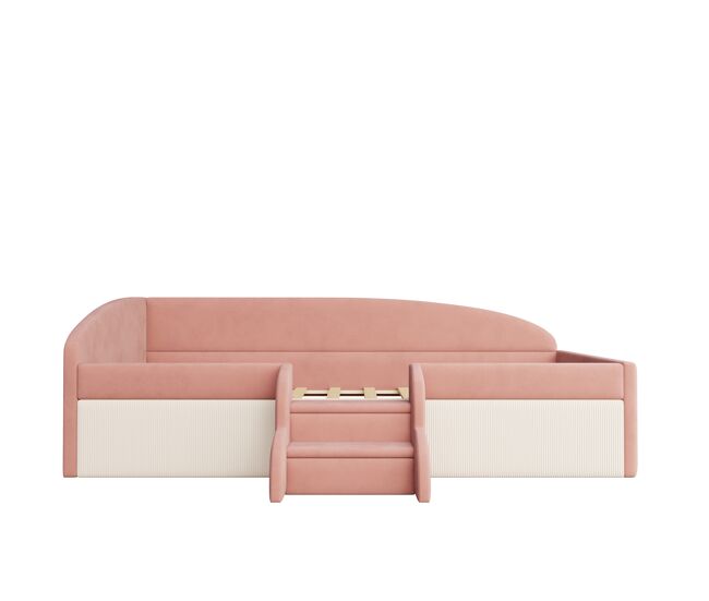 Cama multifuncional 90x190 cm - con escalones y barreras - terciopelo suave - rosa + blanco crema
