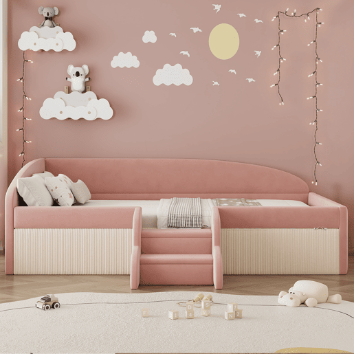 Cama multifuncional 90x190 cm - Com degraus e barreiras - Veludo macio - Rosa + Branco creme