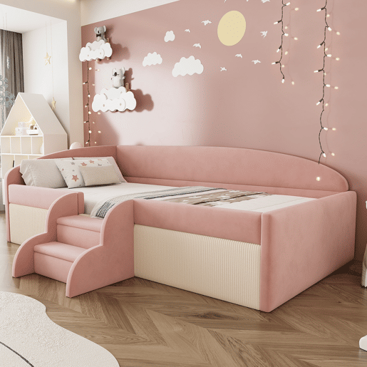 Cama multifuncional 90x190 cm - Com degraus e barreiras - Veludo macio - Rosa + Branco creme