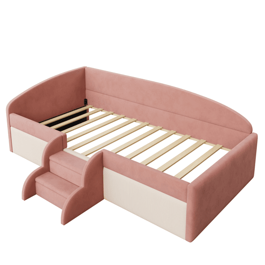 Cama multifuncional 90x190 cm - Com degraus e barreiras - Veludo macio - Rosa + Branco creme