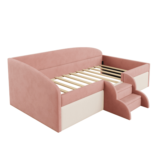 Cama multifuncional 90x190 cm - Com degraus e barreiras - Veludo macio - Rosa + Branco creme