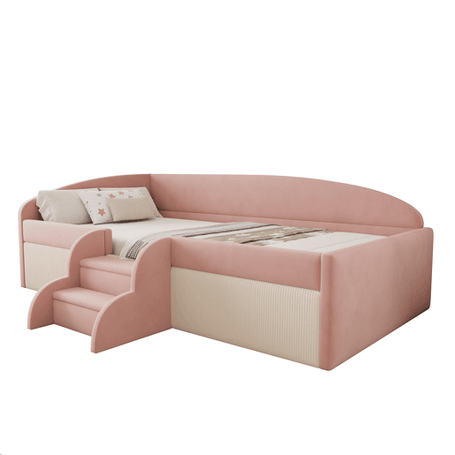 Cama multifuncional 90x190 cm - Com degraus e barreiras - Veludo macio - Rosa + Branco creme