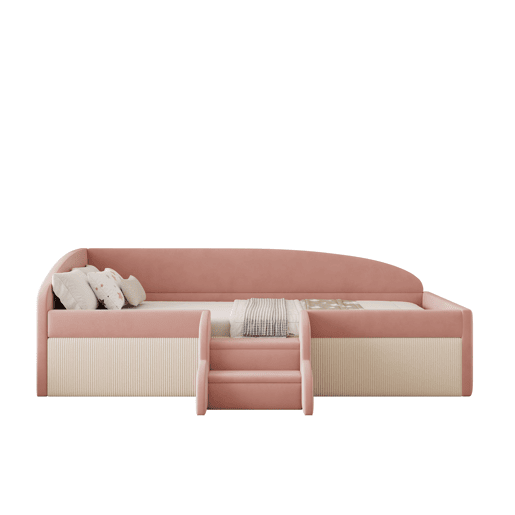 Cama multifuncional 90x190 cm - Com degraus e barreiras - Veludo macio - Rosa + Branco creme
