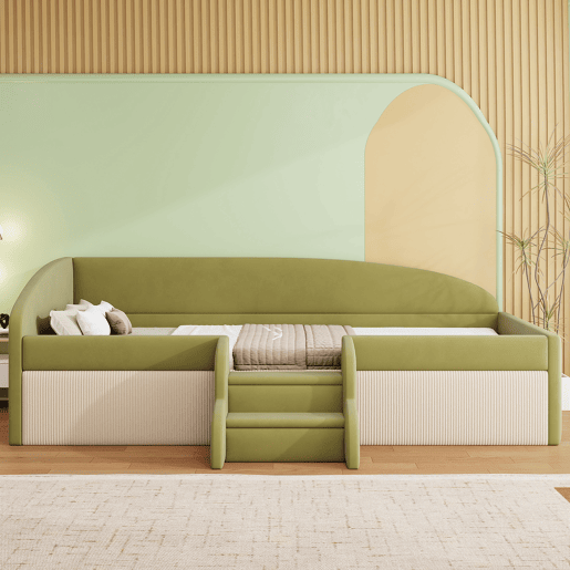 Cama multifuncional 90x190cm - Com escadas e barreiras - Veludo macio - Verde escuro + Branco creme