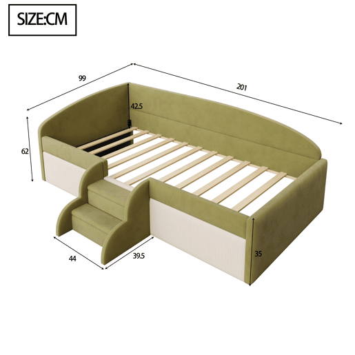 Cama multifuncional 90x190cm - Com escadas e barreiras - Veludo macio - Verde escuro + Branco creme