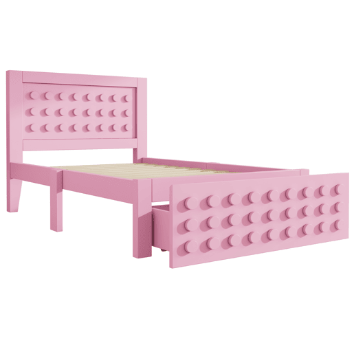 Cama de madeira 90x190 cm - Cama infantil juvenil com design em blocos, estrutura em madeira maciça com estrado, com gavetas e arrumação debaixo da cama - Rosa