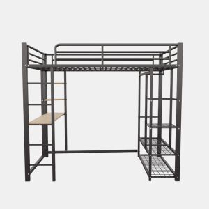 Cama alta 90*200 - Cama infantil com escada e mesa com suspensão simples e compartimentos de arrumação - Preto