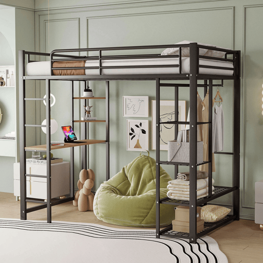 Cama alta 90*200 - Cama infantil com escada e mesa com suspensão simples e compartimentos de arrumação - Preto
