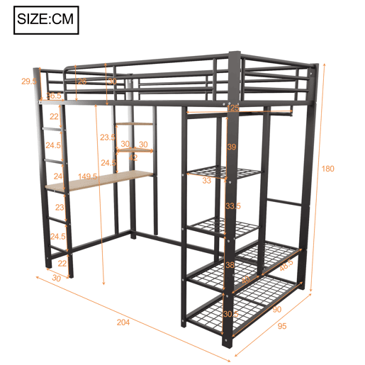 Cama alta 90*200 - Cama infantil com escada e mesa com suspensão simples e compartimentos de arrumação - Preto