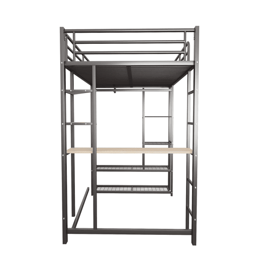 Cama alta 90*200 - Cama infantil com escada e mesa com suspensão simples e compartimentos de arrumação - Preto