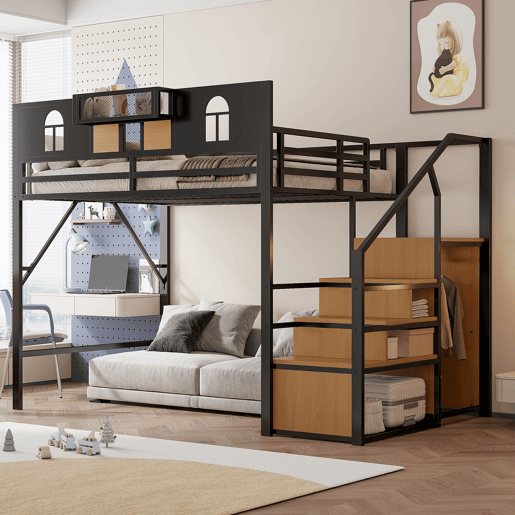 Cama alta metálica 140x200 cm - Com escada de armazenamento, janela, madeira e rede, estrutura metálica, preta