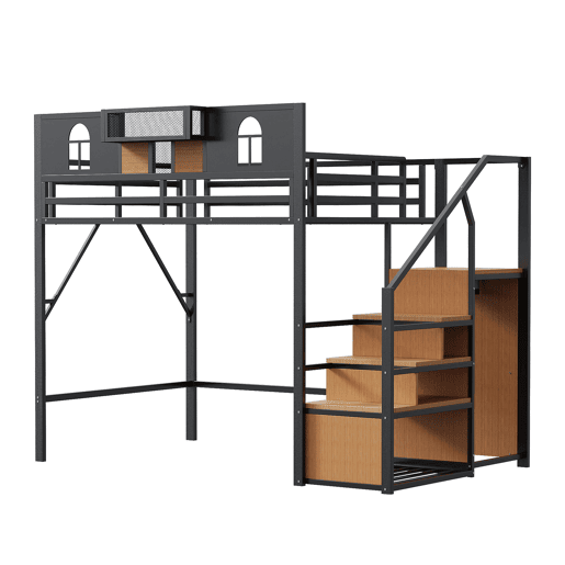 Cama alta metálica 140x200 cm - Com escada de armazenamento, janela, madeira e rede, estrutura metálica, preta