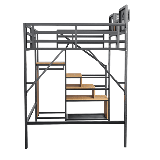 Cama alta metálica 140x200 cm - Com escada de armazenamento, janela, madeira e rede, estrutura metálica, preta
